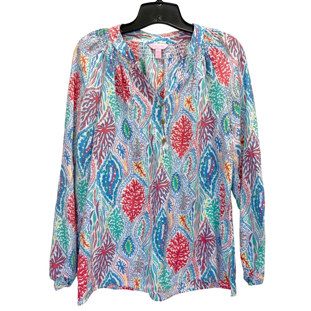 Lilly Pulitzer Blouse Womens S Multi Color Elsa Top Silk Coral Reef Long Sleeve